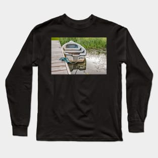 Boat tied to wooden staging on the Norfolk Broads Long Sleeve T-Shirt